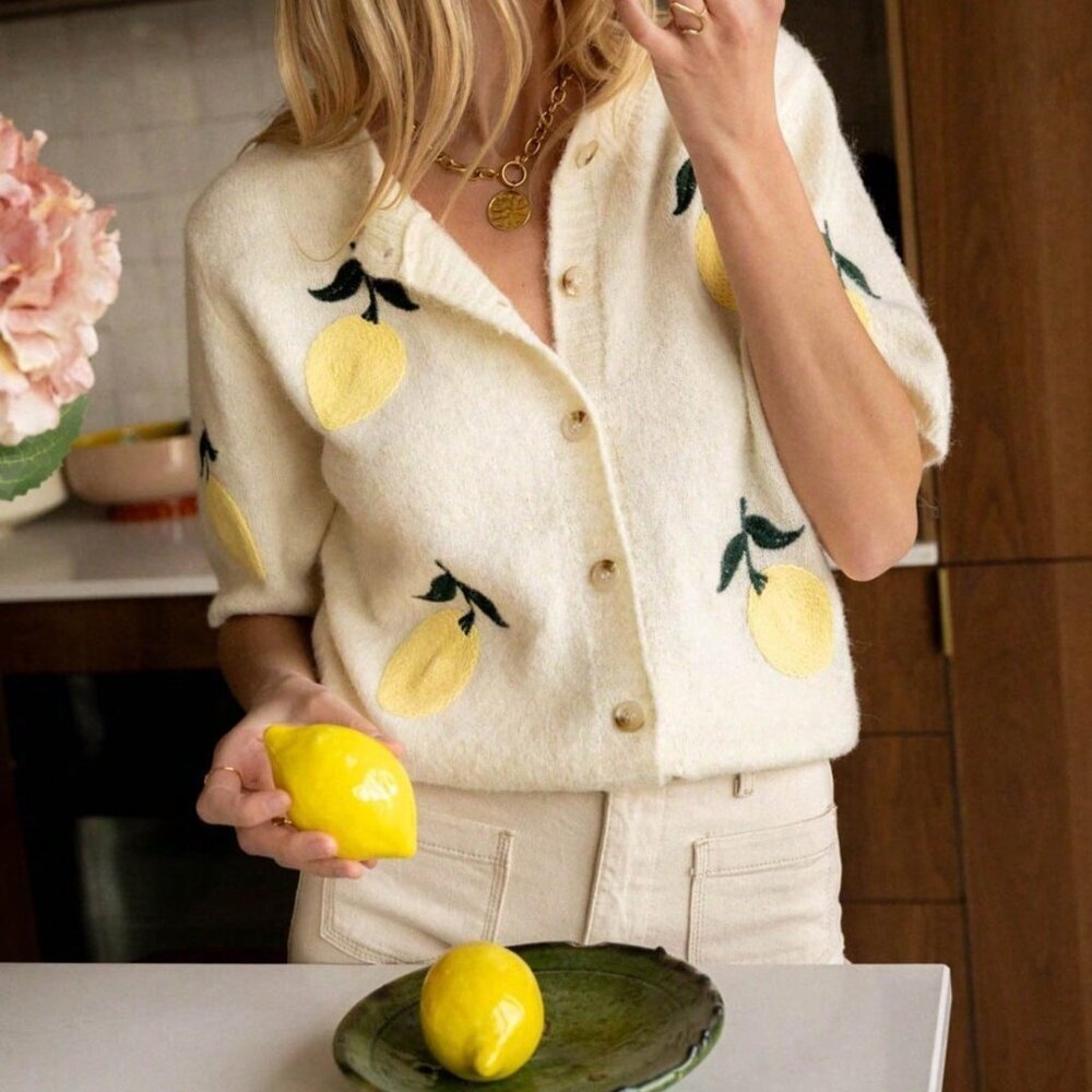 Beige Casual Women's Knit Crew Neck Cardigan with Lemon Embroidery - Picture 4 of 6